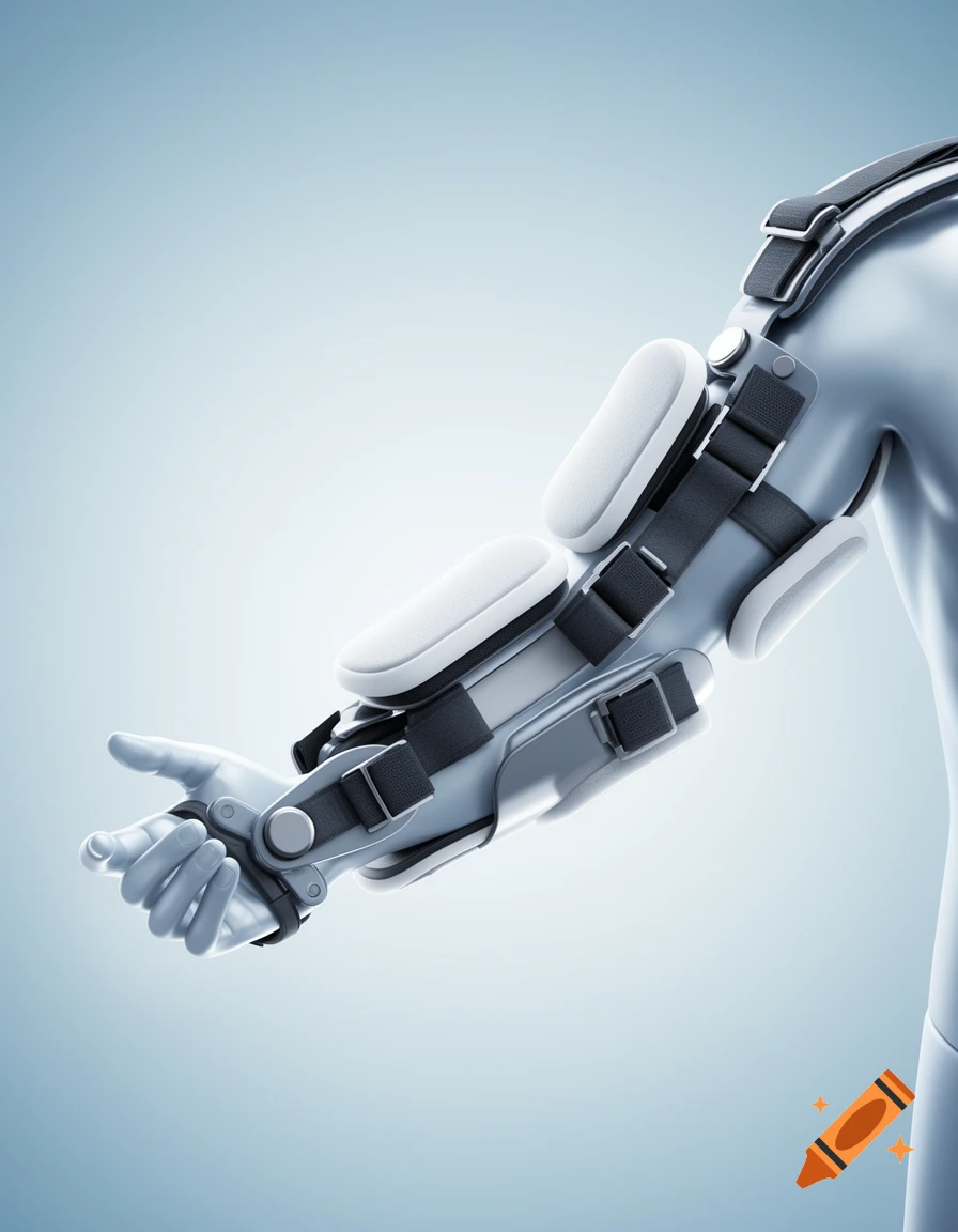 Stylized grey arm wearing a modern white and black arm, hand, and finger immobilization splint.