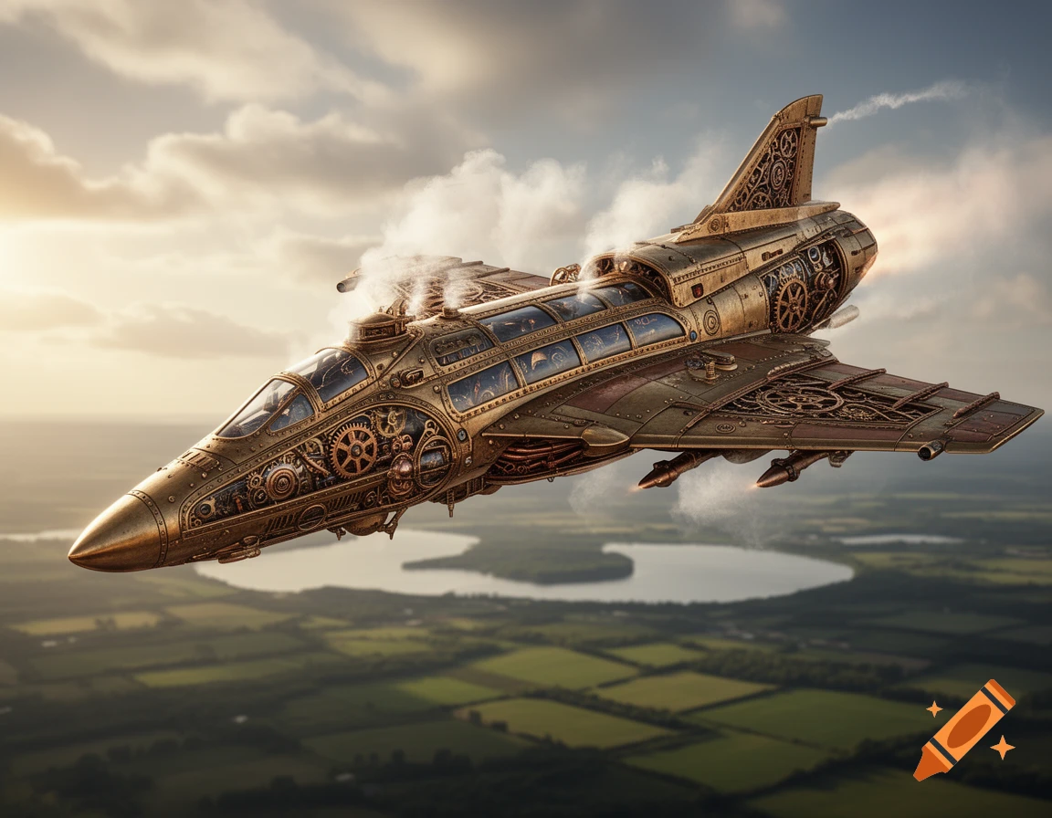 A highly detailed, golden steampunk fighter jet flies over green fields and a lake under a cloudy sky.