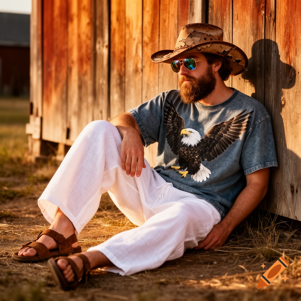 A bearded man in a cowboy hat, sunglasses, bald eagle t-shirt, white linen pants, and sandals sits against a wooden wall in warm light.