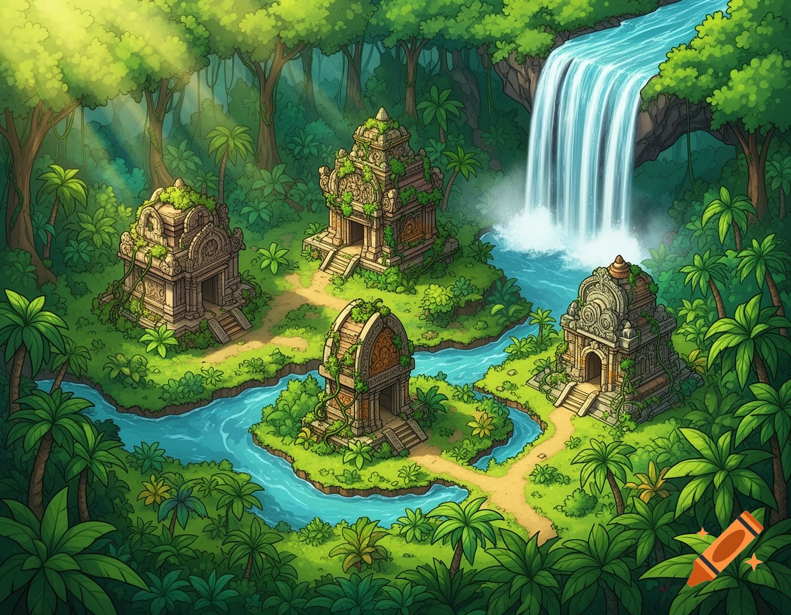 Isometric cartoon illustration of a vibrant jungle landscape with a waterfall, rivers, and three moss-covered ancient temples.
