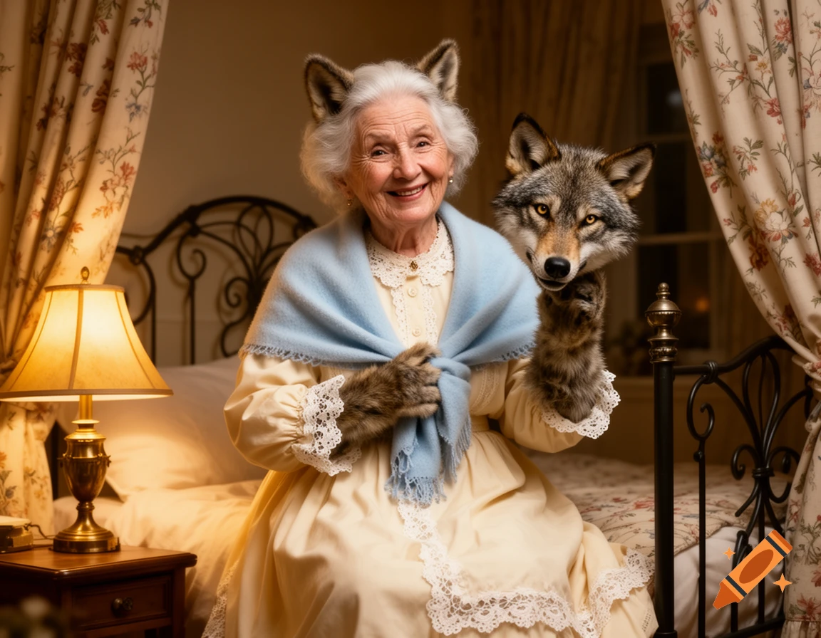 A smiling elderly woman with wolf ears and fur gloves sits on a bed, holding a realistic wolf head mask in a cozy bedroom.