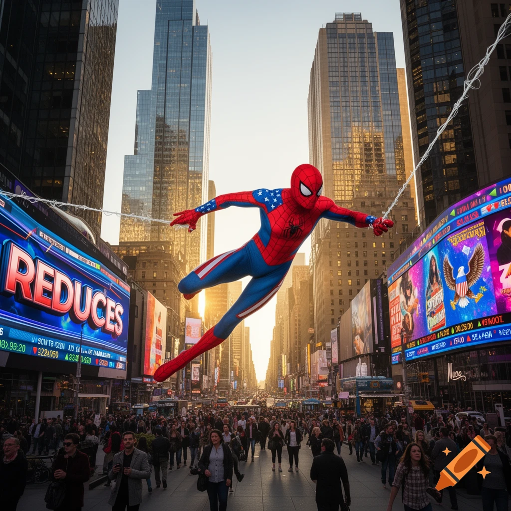 Photorealistic Spider-Man in an American flag suit swings through a bustling city street with skyscrapers and billboards at sunset.