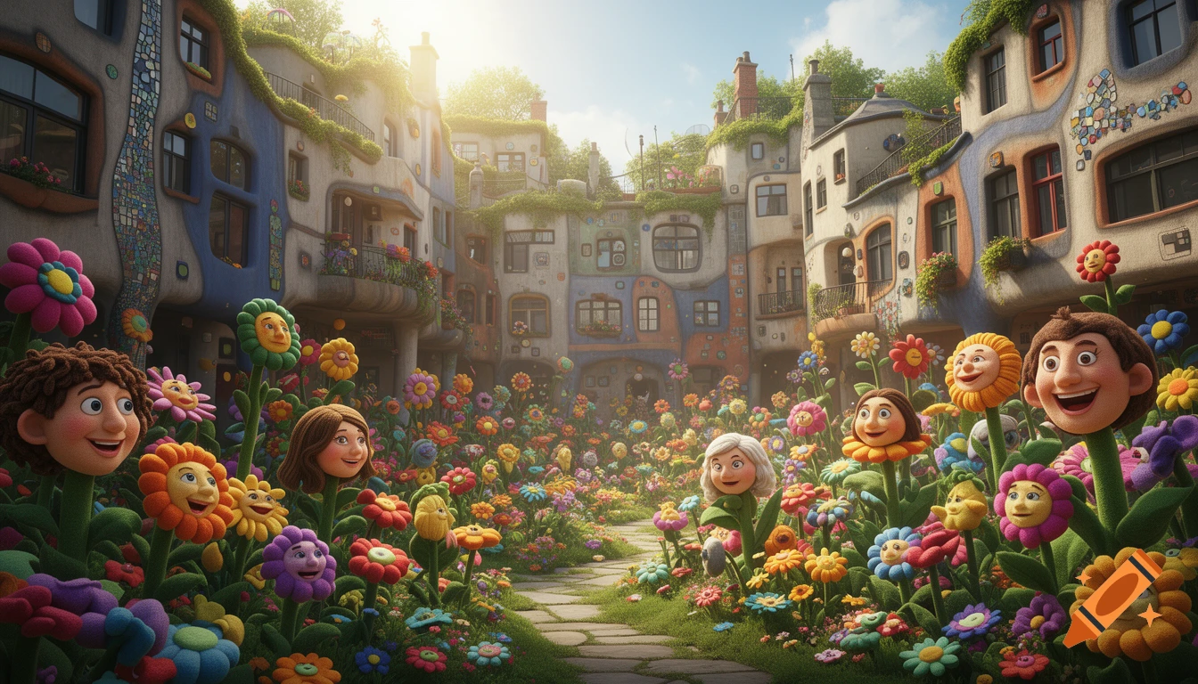 A whimsical garden with plush, human-faced flowers blooming around colorful, organically shaped buildings in a sunny concept art style.