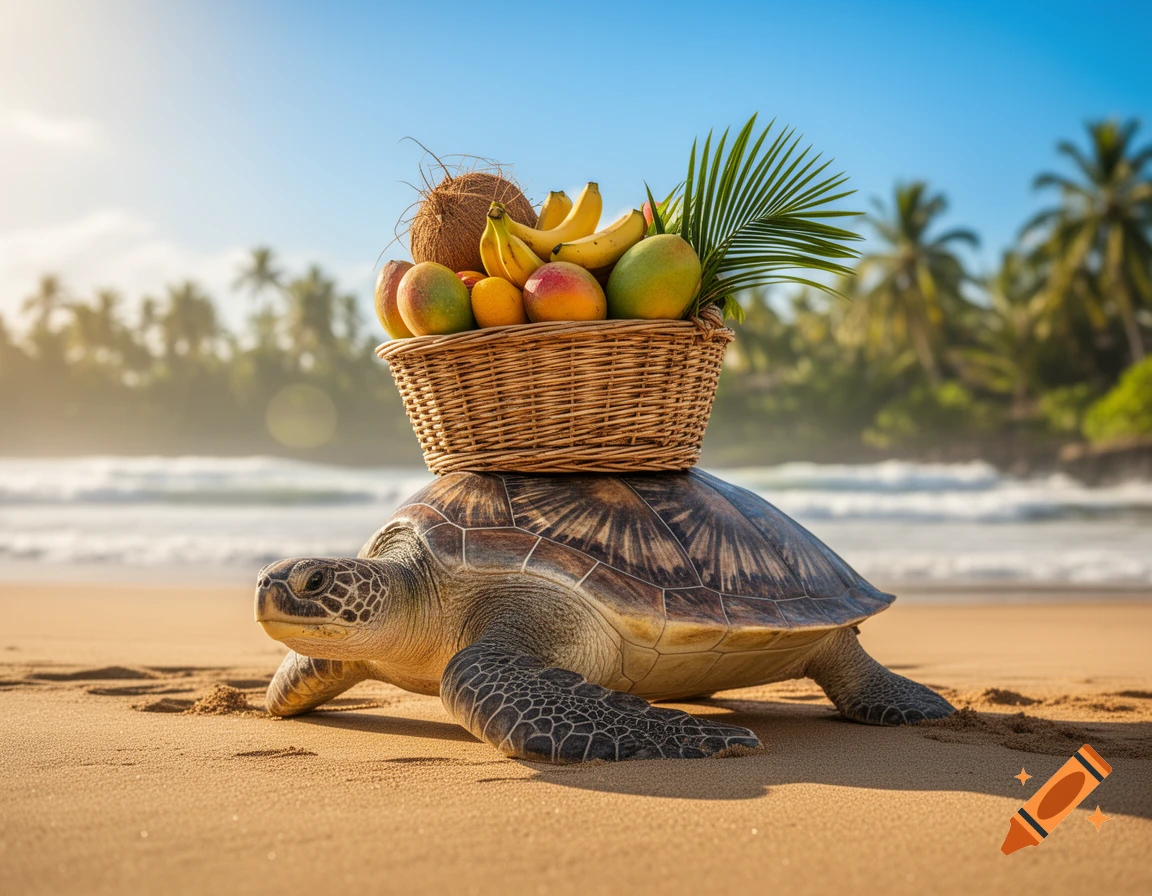 Photorealistic sea turtle with a woven basket of tropical fruits on its shell, on a sandy beach with ocean and palm trees.