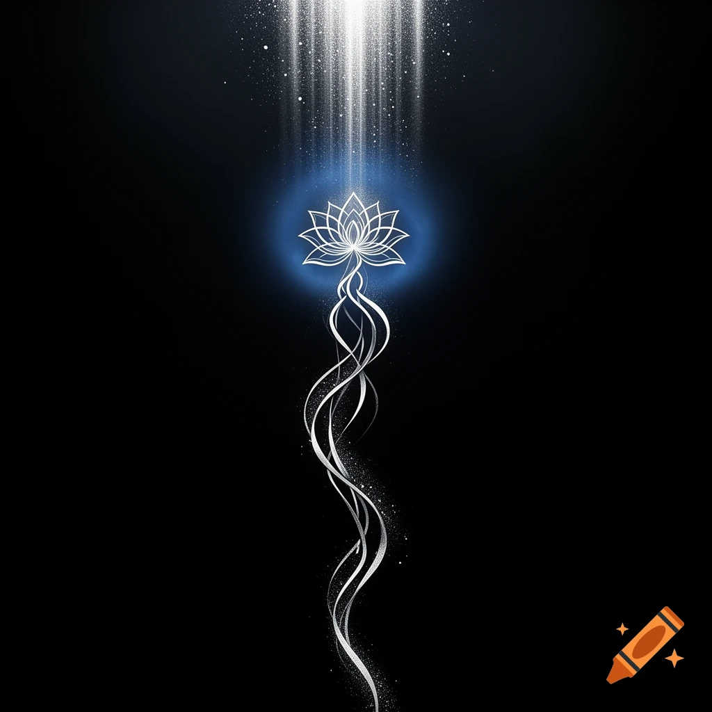 A glowing white lotus flower with blue light, long swirling tendrils, and falling light streaks against a black background.