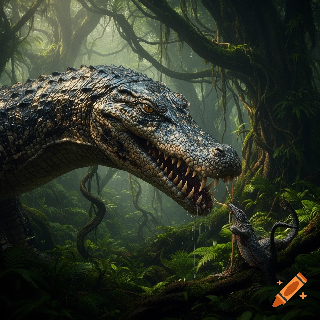 A giant, photorealistic crocodile with an open, dripping mouth looms over a small lizard in a lush, misty jungle.