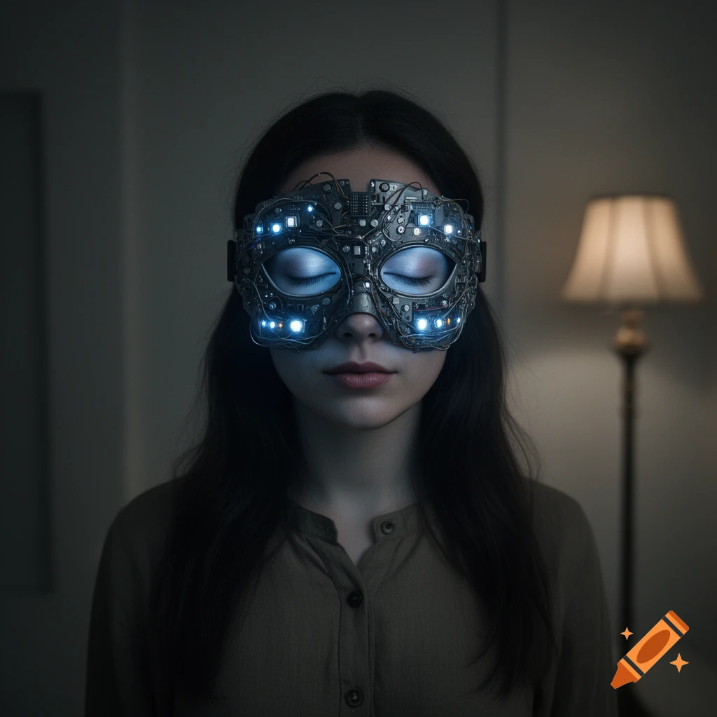A woman wears an intricate, glowing circuit-board mask over her closed eyes in a dimly lit room.