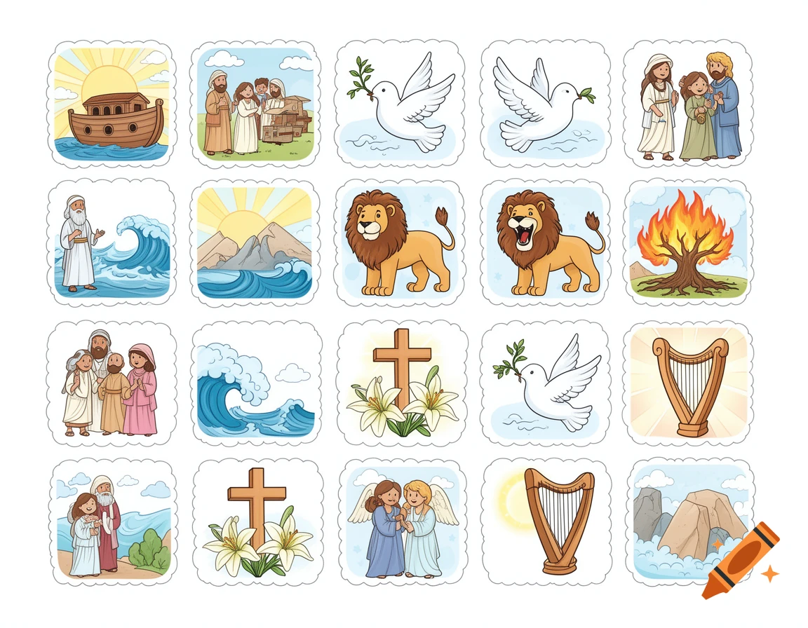 A grid of 20 square cartoon illustrations for a children's memory game, featuring bible themes like Noah's Ark, doves, lions, crosses, and people.