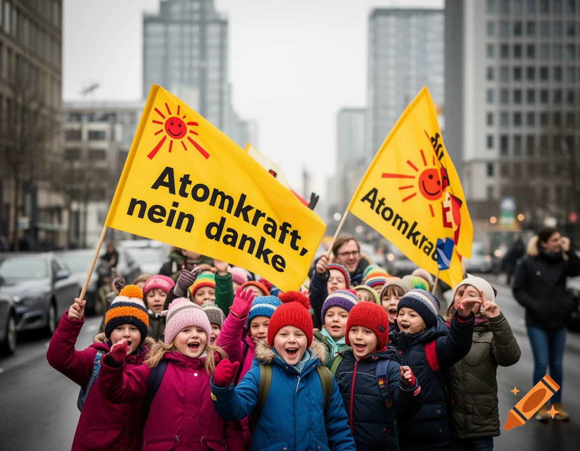 Smiling children on a city street protest with yellow flags saying 'Atomkraft, nein danke', photorealistic.