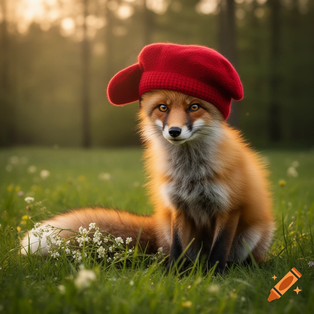 A photorealistic fox wearing a red beret sits in a grassy field with small flowers at sunset.