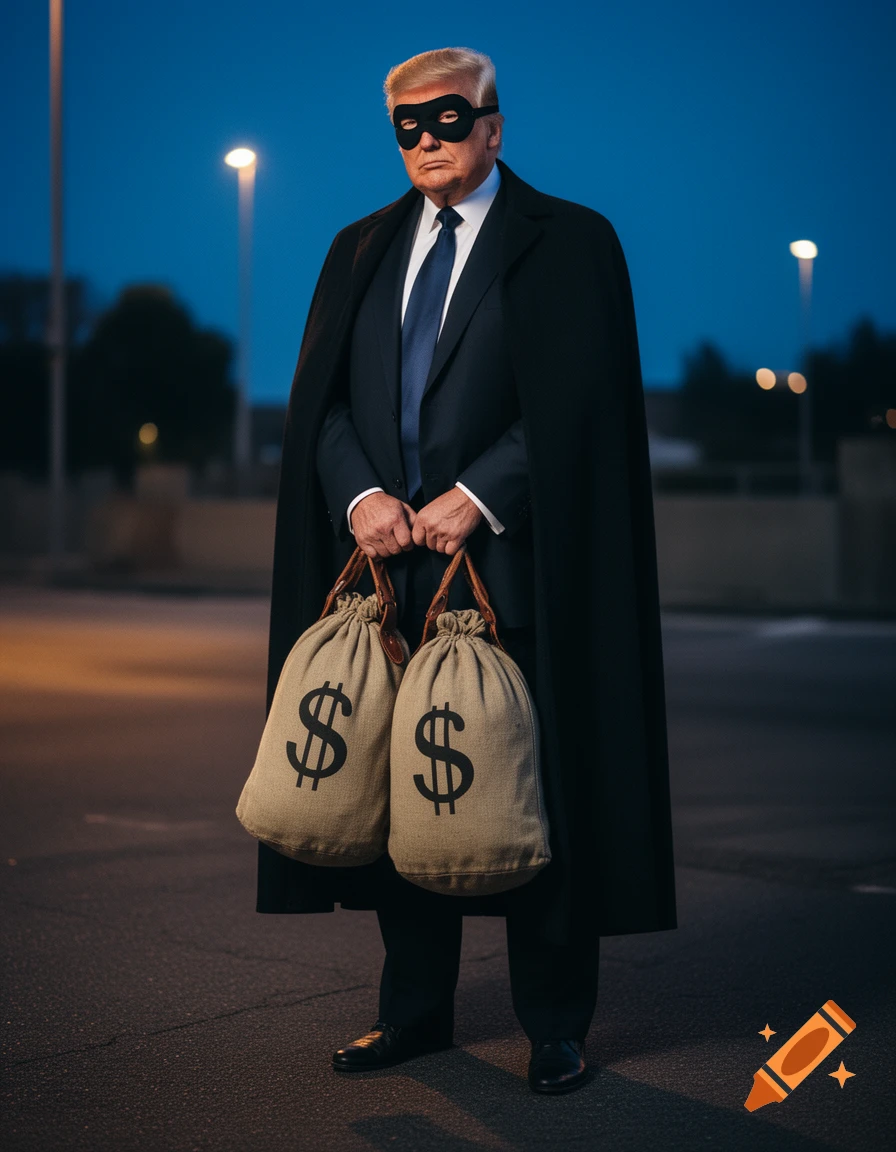 Donald Trump wears a black mask and cape, holding two money bags with dollar signs, standing in a street at night.