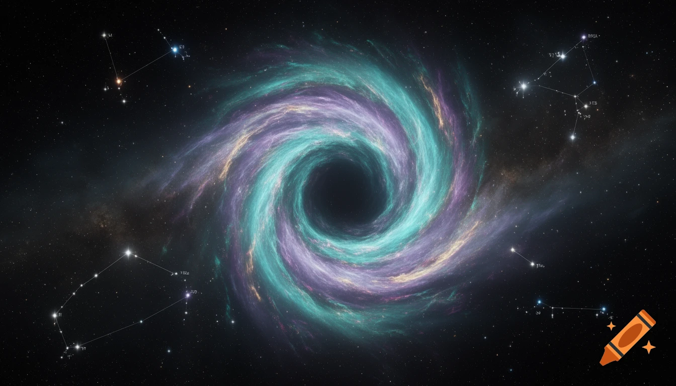 A vibrant, swirling teal and purple cosmic nebula or black hole, surrounded by faint star constellations in deep space.