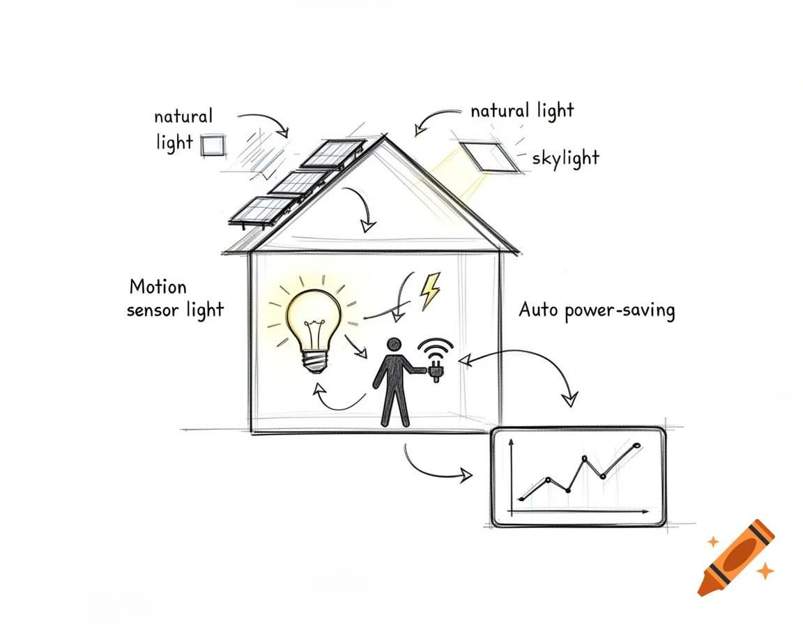 Sketch diagram of a smart energy house with solar panels, skylight, motion sensor, power saving, and energy tracking.