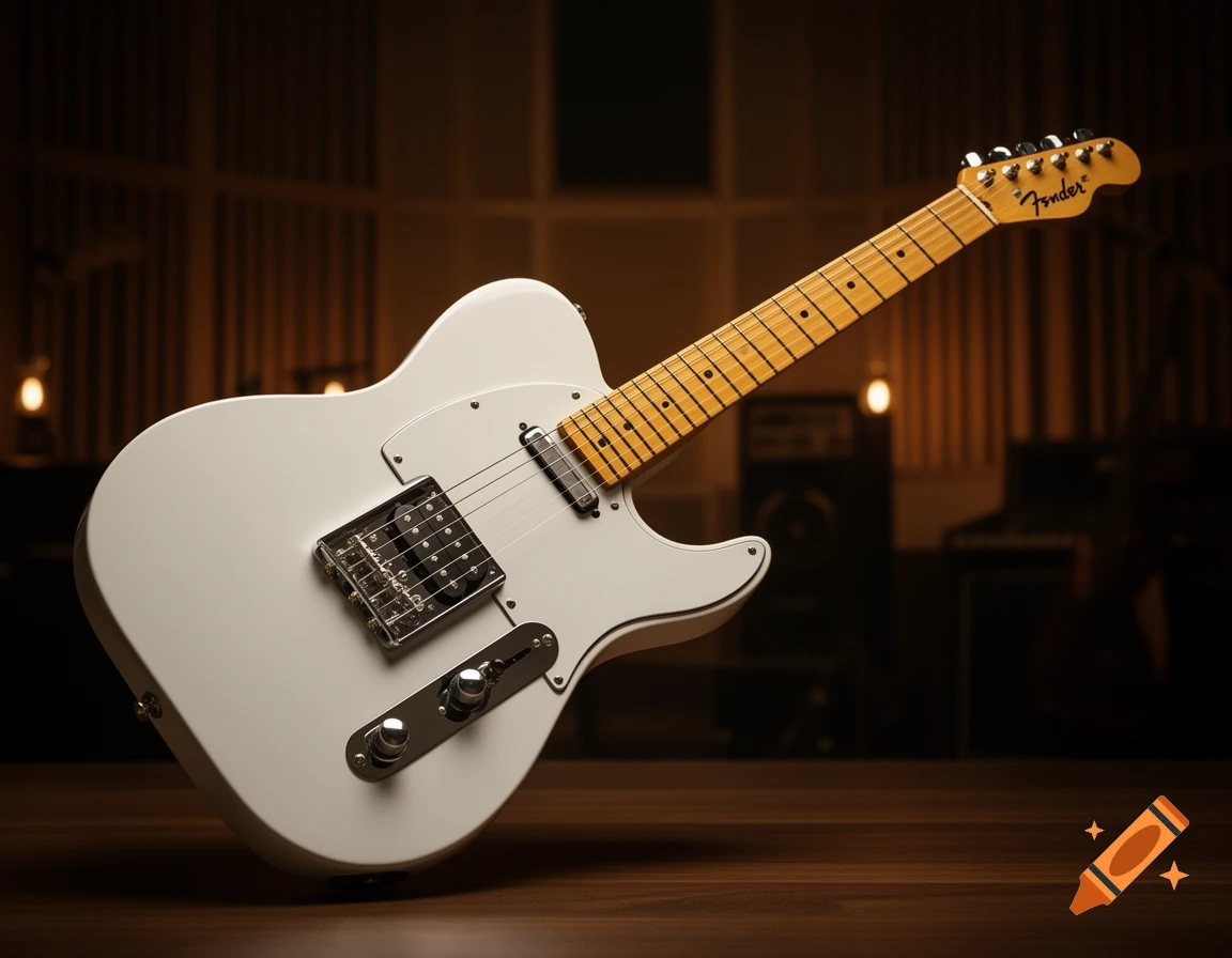 A white Fender Telecaster electric guitar with a maple fretboard rests on a wooden surface in a softly lit studio.