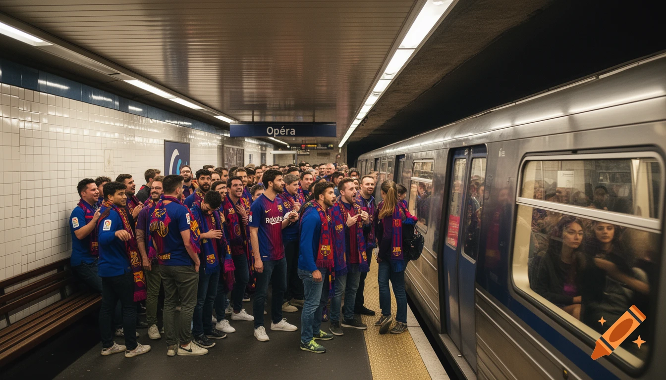 FC Barcelona supporters cheering on a subway platform as a train arrives.