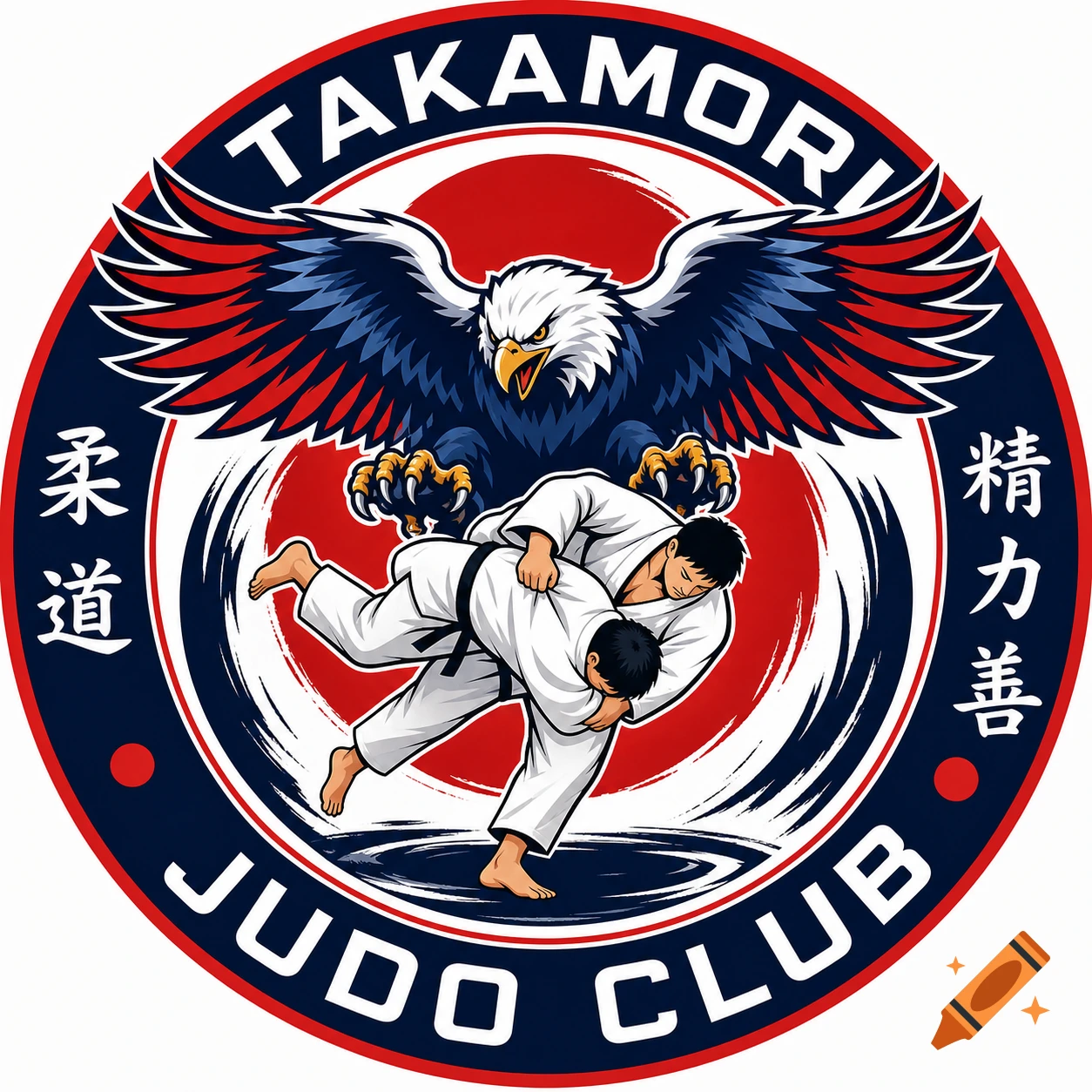 Circular red, white, and blue logo for "TAKAMORI JUDO CLUB" featuring a bald eagle above two judokas performing a throw, with Japanese text on the sides.