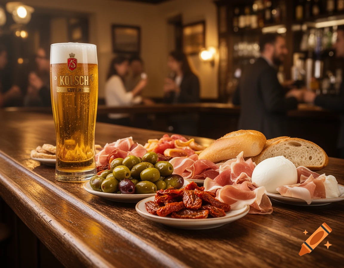 Photorealistic image of a tall glass of K A4lsch beer, green olives, prosciutto, fresh mozzarella, bread, and sun-dried tomatoes on a wooden bar in a pub.