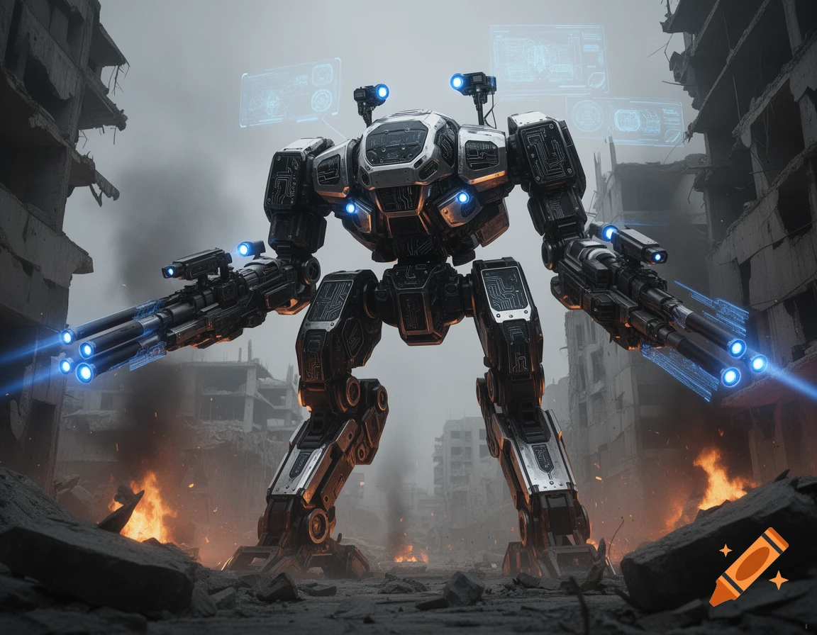 A massive, heavily armed futuristic war machine stands in a destroyed city, surrounded by smoke and fire, with glowing blue accents.