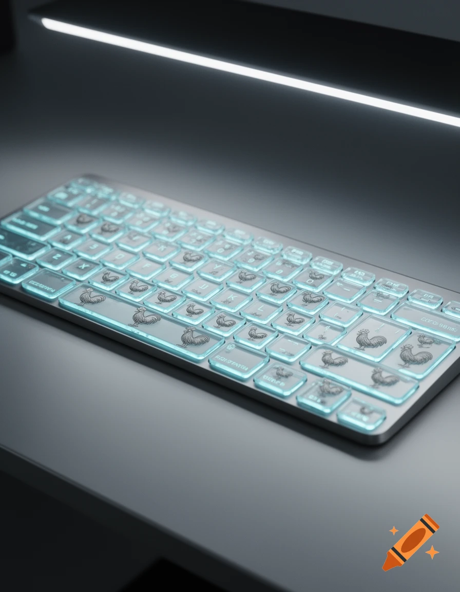 A futuristic silver keyboard with teal backlit keys, each featuring a black rooster silhouette, sits under a glowing light bar.