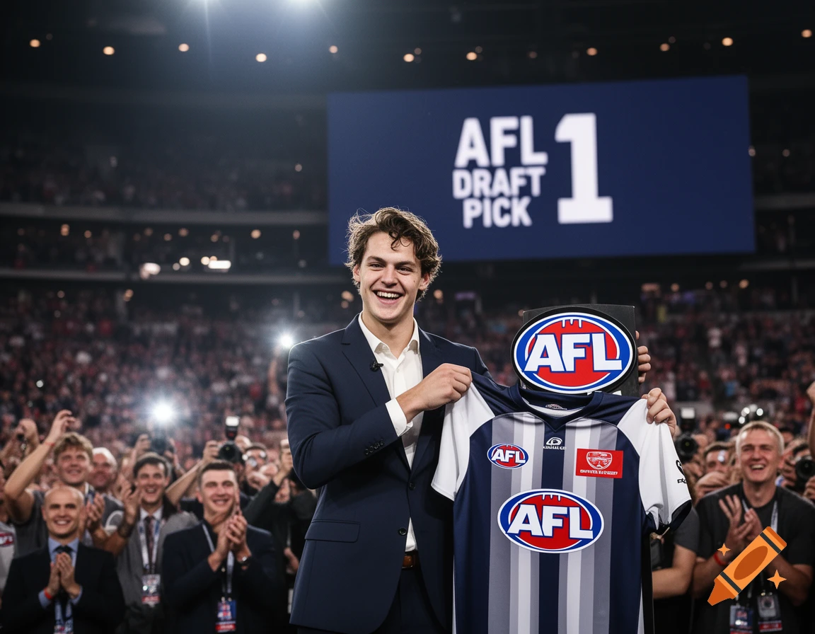 A smiling man in a suit holds up an AFL jersey and logo on a brightly lit stage in front of a large cheering crowd.