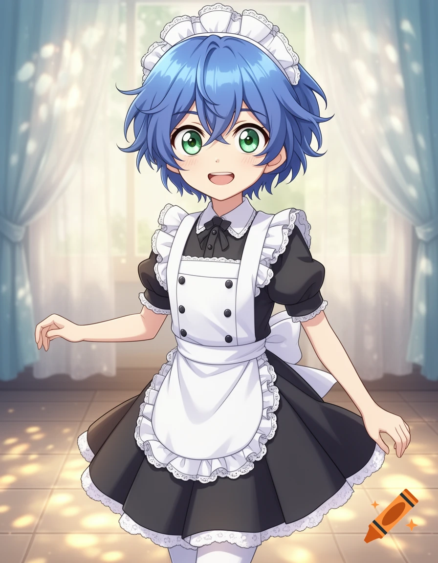 An anime boy with blue hair and green eyes, smiling while wearing a black and white maid dress and headpiece.