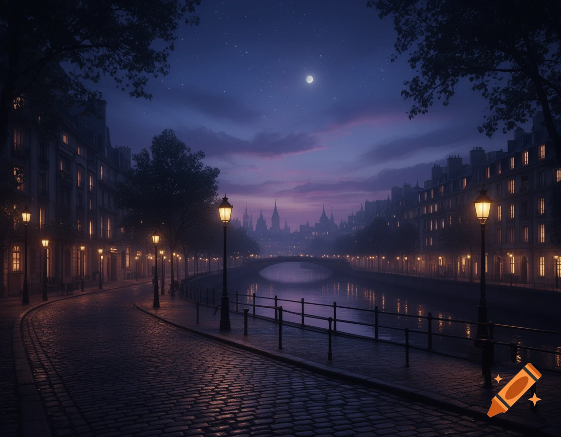 A charming Parisian-style street at night, with illuminated lampposts lining a cobblestone path next to a canal with reflections.