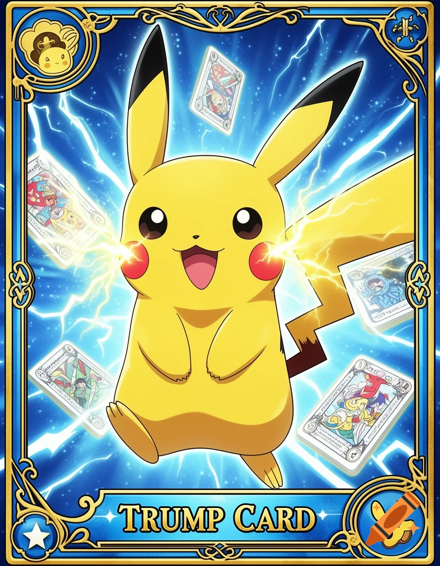A vibrant Pokemon trading card featuring Pikachu amidst electric sparks and smaller floating cards, with 'TRUMP CARD' at the bottom.