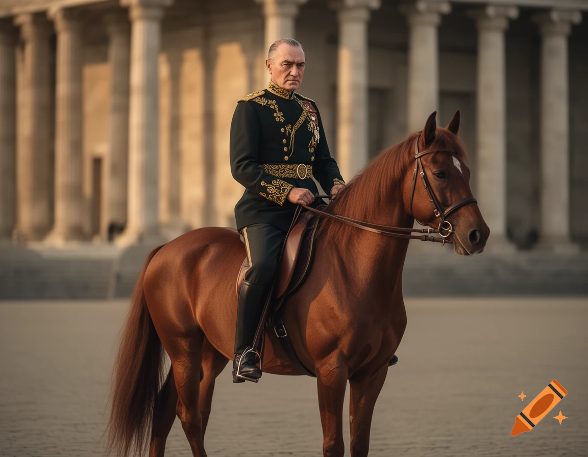 A man in a dark, ornate military uniform rides a brown horse in front of a grand classical building with columns, photorealistic.
