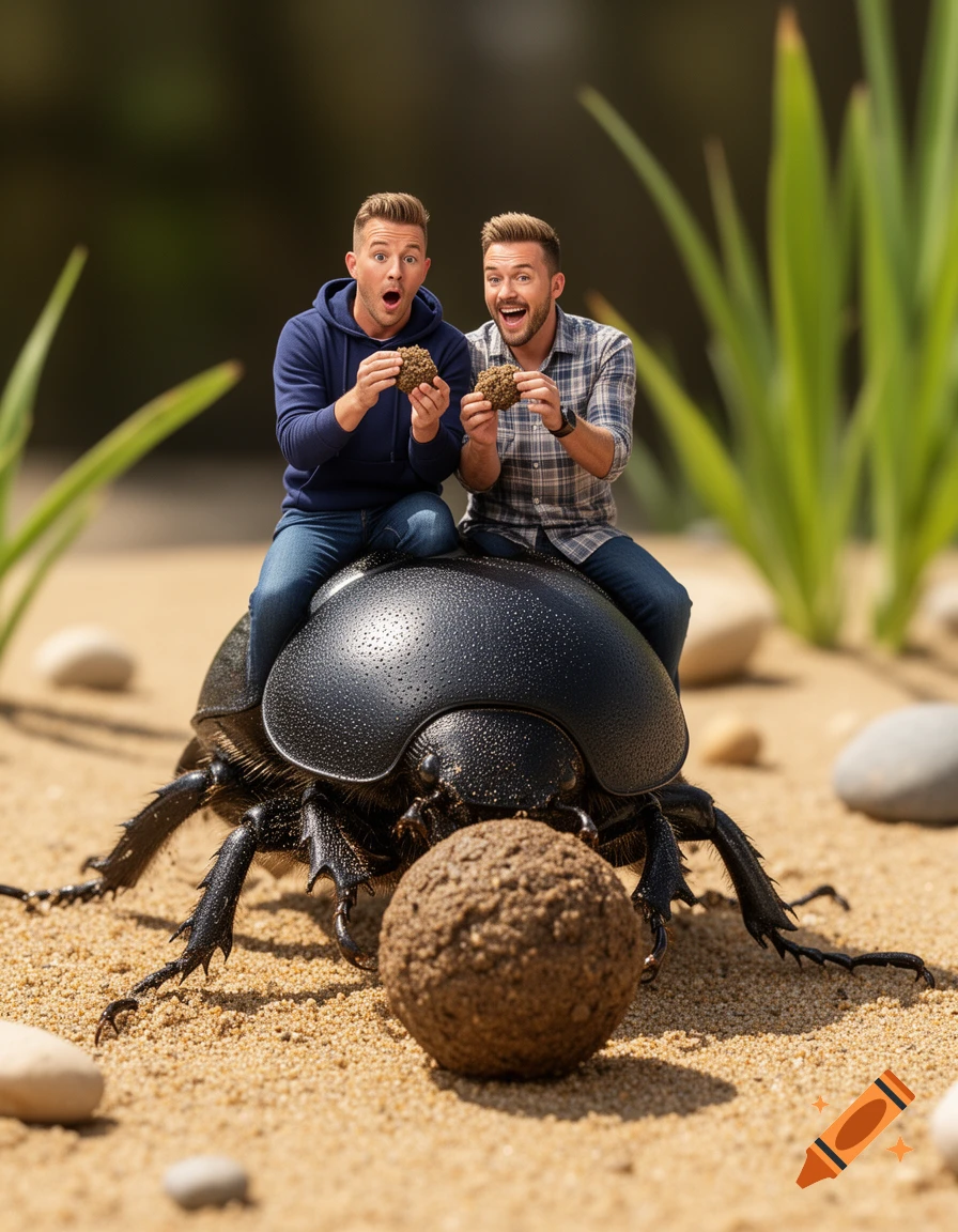 Two surprised men ride a giant dung beetle on sand, holding balls of dirt as the beetle pushes a larger one.