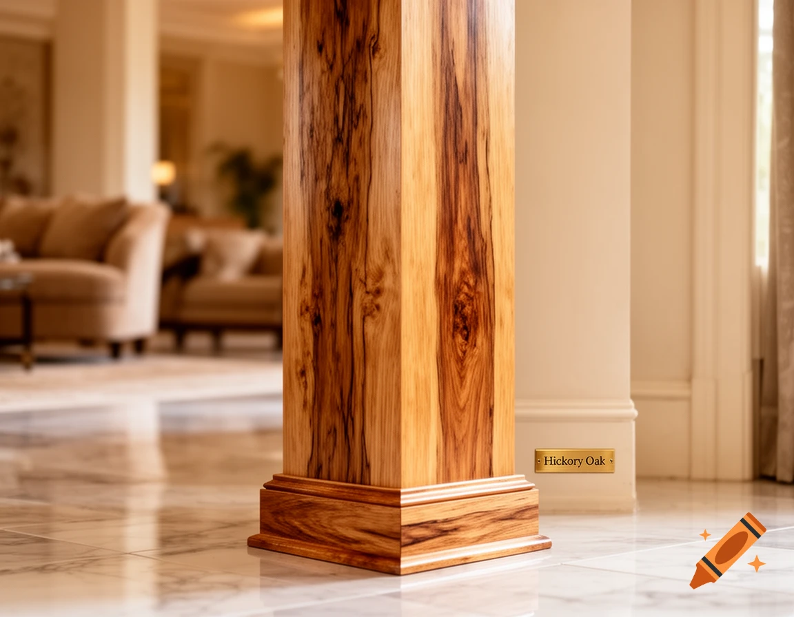A close-up of a square wooden column made of Hickory Oak with a detailed grain on a marble floor in a blurred, luxurious interior.