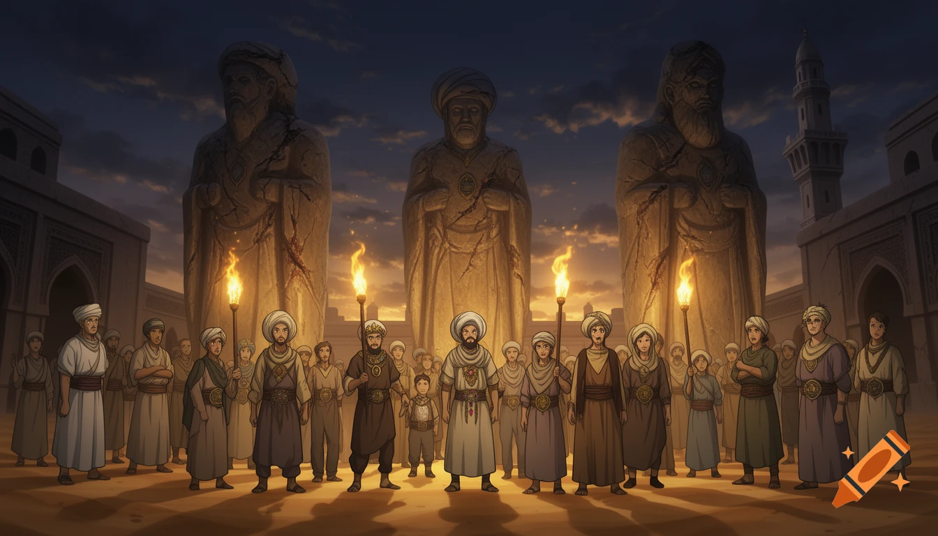 Anime style illustration of a crowd with torches gathered before three huge stone statues in an ancient desert civilization at night.