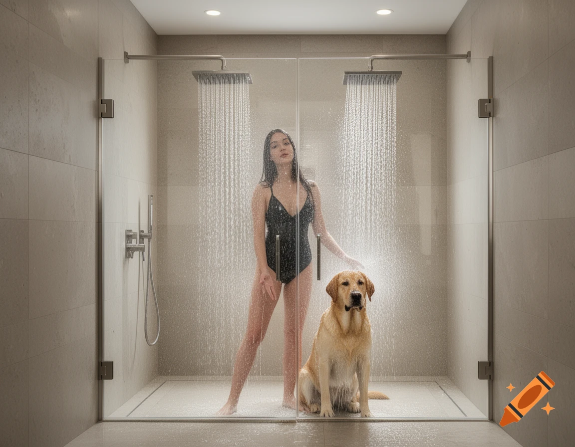 A young woman in a black swimsuit and a Labrador dog stand together in a modern glass shower with water spraying.