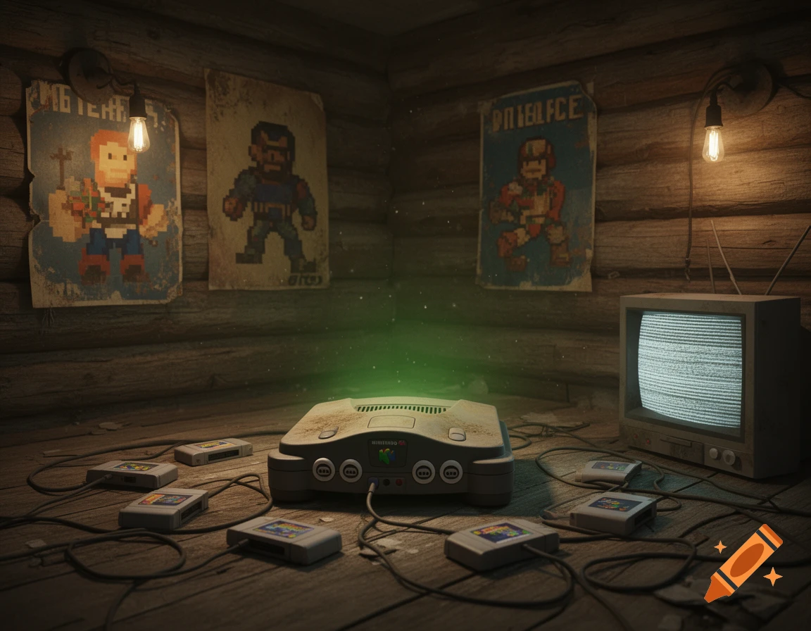 A dusty Nintendo 64 console with cartridges and tangled wires in a dimly lit wooden room, flanked by pixel art posters and an old CRT TV displaying static.