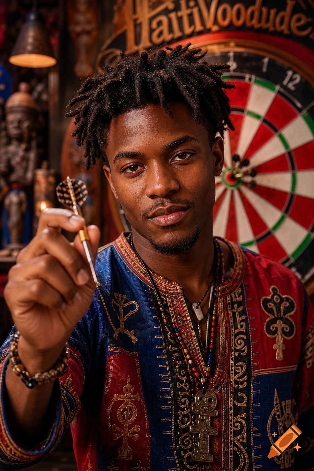 A man with dreadlocks in a colorful tunic holds a dart, a dartboard and a 'HaitiVoodude' sign behind him. Photorealistic.