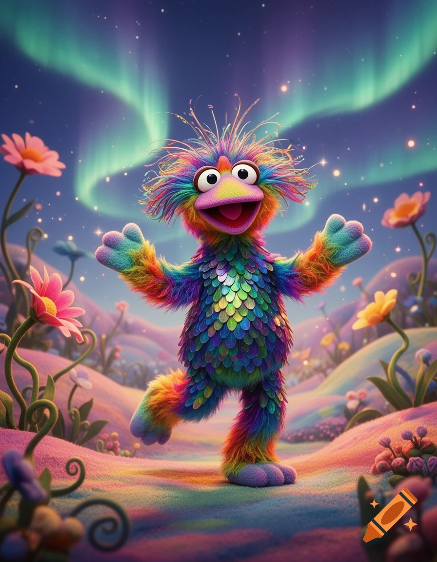 A joyful, colorful, fuzzy creature with scales and googly eyes stands in a vibrant fantasy landscape with flowers and aurora borealis.
