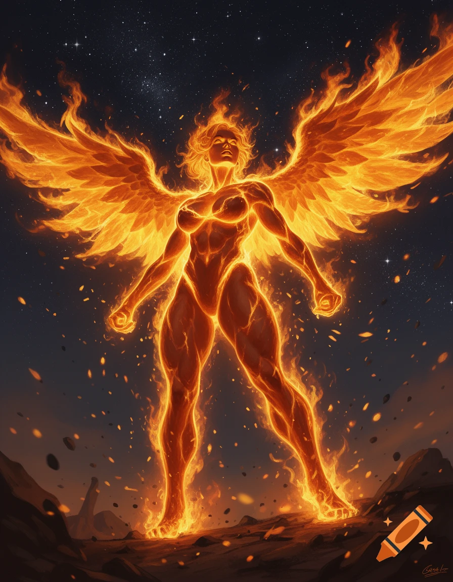 A powerful, muscular woman made of fire with large fiery wings stands on a scorched landscape under a starry night sky, looking up with determination in a digital art style.