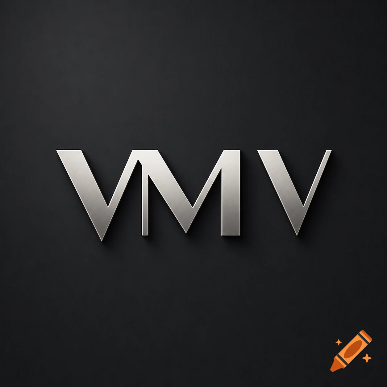 Minimalist silver metallic logo with the letters VMV on a dark background.
