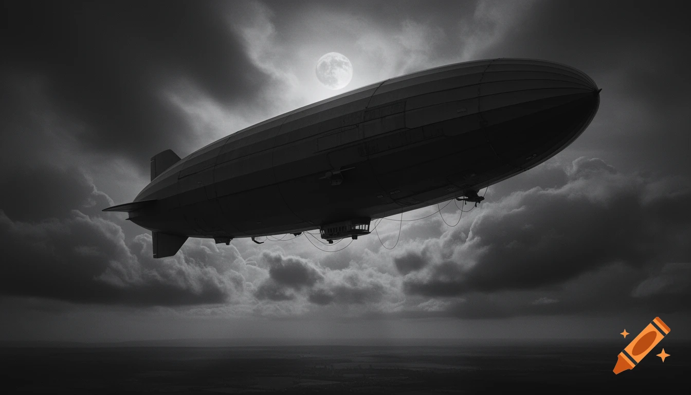 A black and white zeppelin airship is silhouetted against a dark, cloudy sky with a full moon shining above.