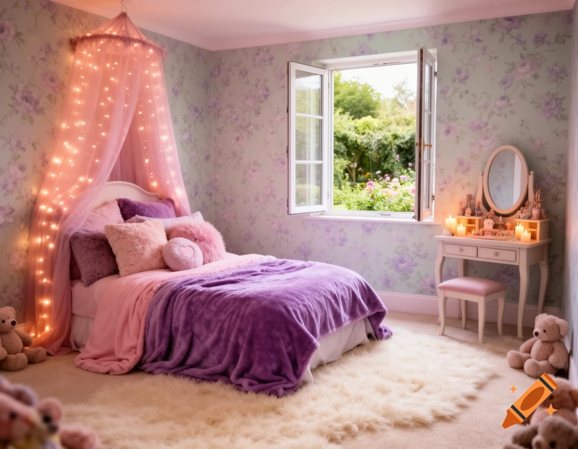 A dreamy girl's bedroom featuring a bed with a pink canopy and fairy lights, floral wallpaper, a vanity, and teddy bears.