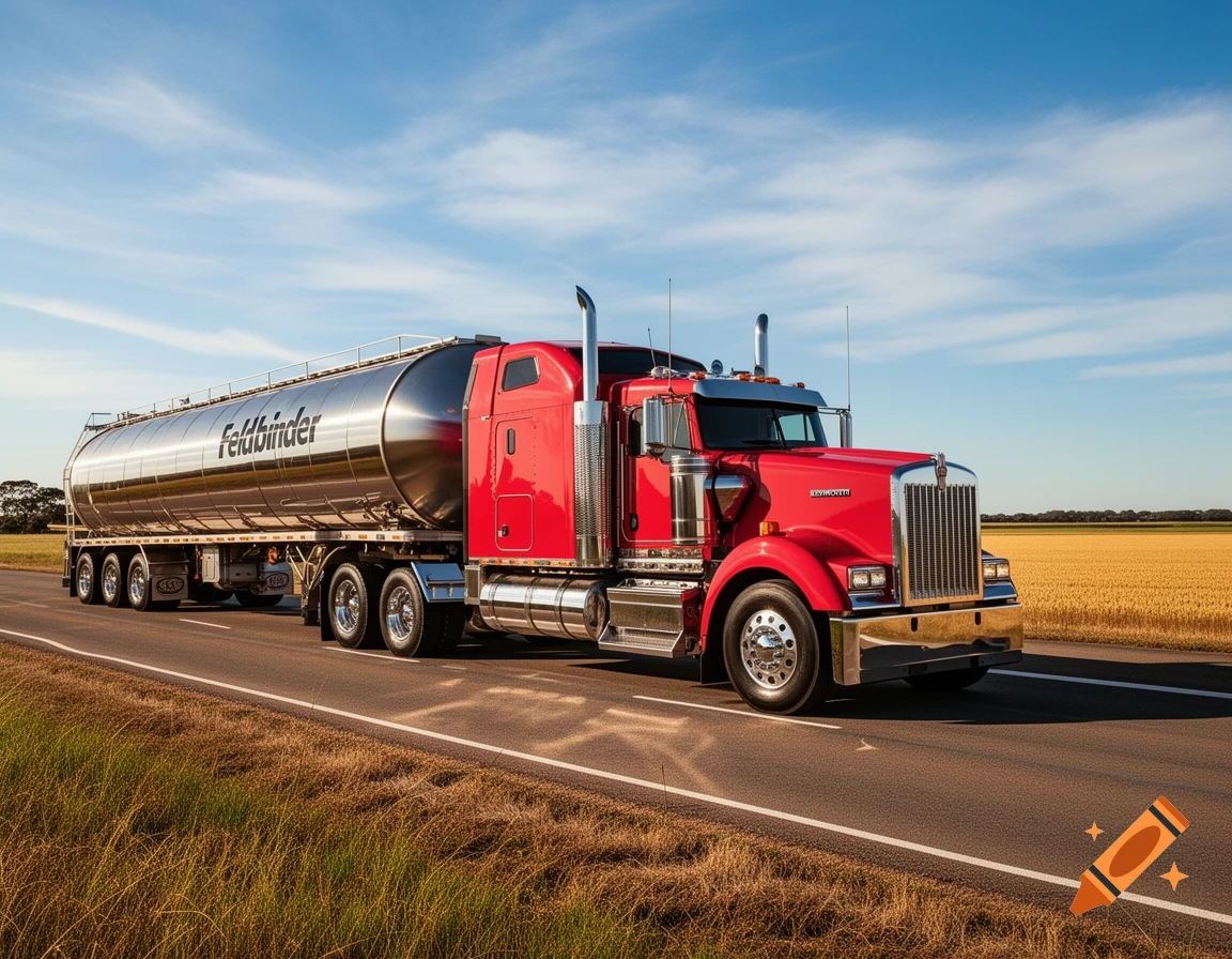 A red Kenworth semi-truck with a silver Feldbinder tanker trailer drives on a road next to a golden field under a blue sky, photorealistic.
