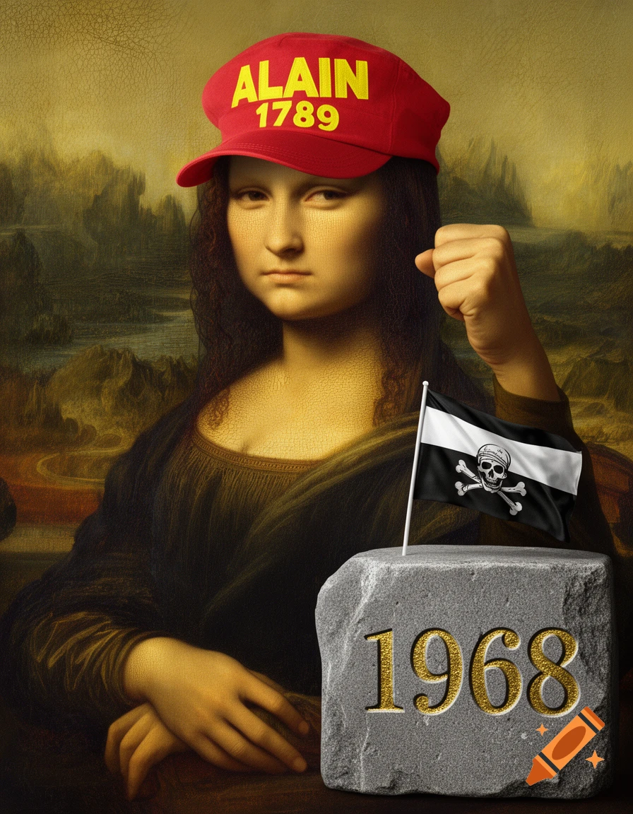 Mona Lisa wearing a red 'ALAIN 1789' cap, raising a fist, with a pirate flag on a '1968' stone block, in a painted style.