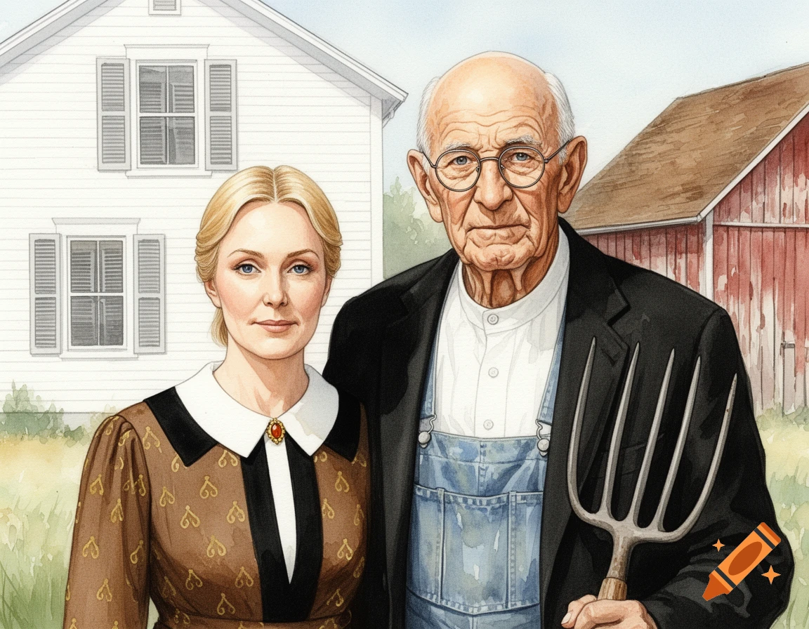 Watercolor portrait of an older man with glasses and a pitchfork next to a woman, standing before a white farmhouse and red barn.