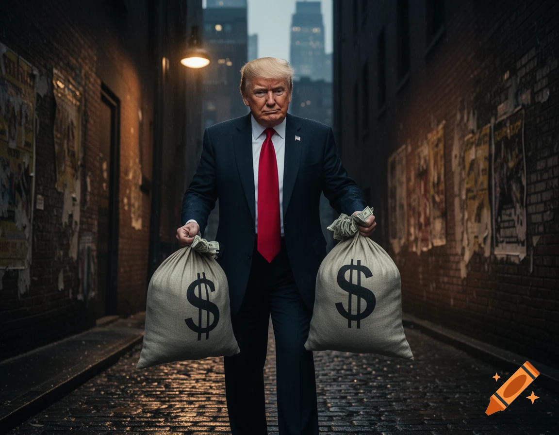 A man resembling Donald Trump in a suit walks down a dark, wet alley, holding two large money bags with dollar signs. Photorealistic style.