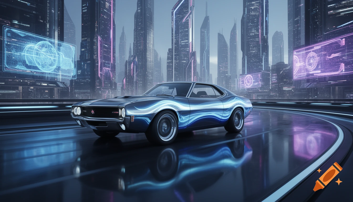 A sleek, blue-glowing AMC Javelin-style car on a reflective road in a futuristic city with neon-lit skyscrapers and holographic screens.