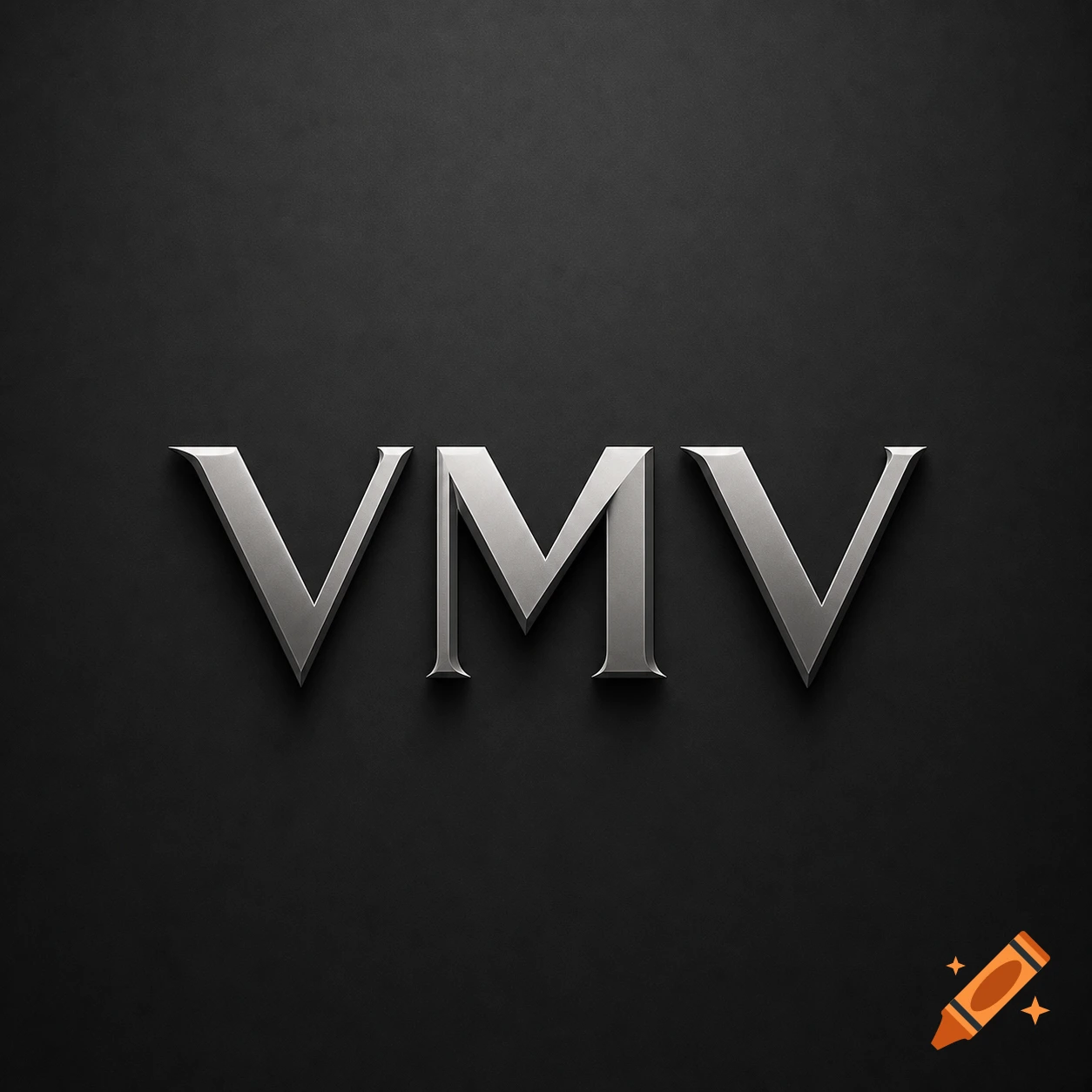 A minimalist logo featuring shiny silver serif letters "VMV" casting shadows on a dark gray background.