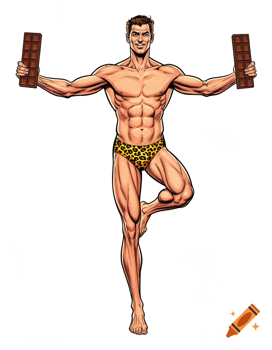Comic book illustration of a muscular man in a leopard-print speedo, standing on one leg and holding a chocolate bar in each hand.
