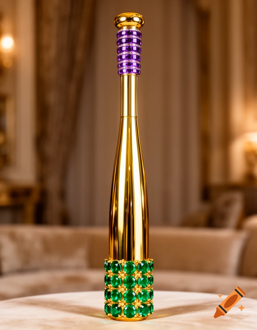A luxurious golden bottle or scepter, adorned with purple bands and green emerald-like gemstones, against a blurred elegant background.