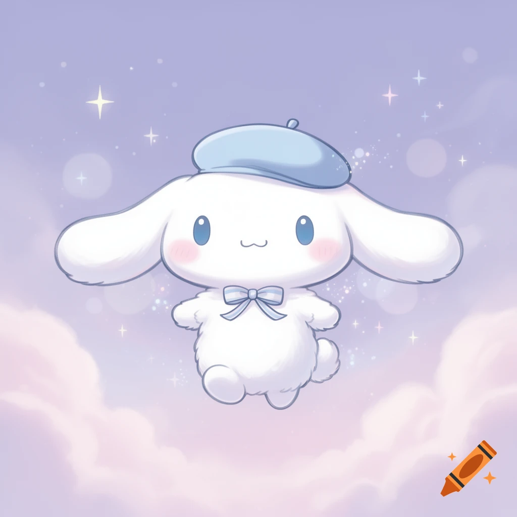 A fluffy white Cinnamoroll wearing a light blue beret and bow floats among pastel clouds and sparkling stars.