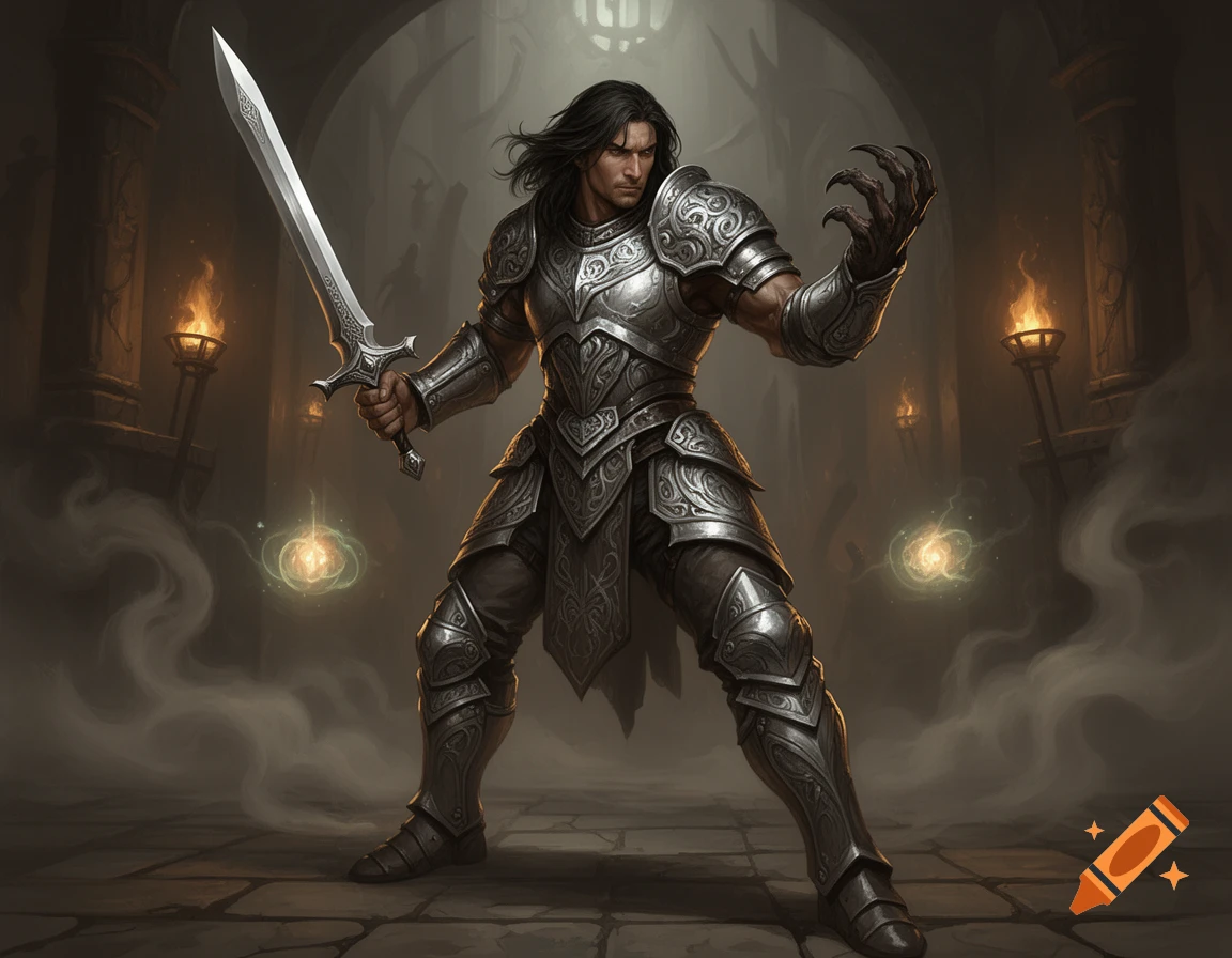 A muscular fantasy warrior in ornate silver armor stands in a dark dungeon, holding a sword and displaying a monstrous claw.
