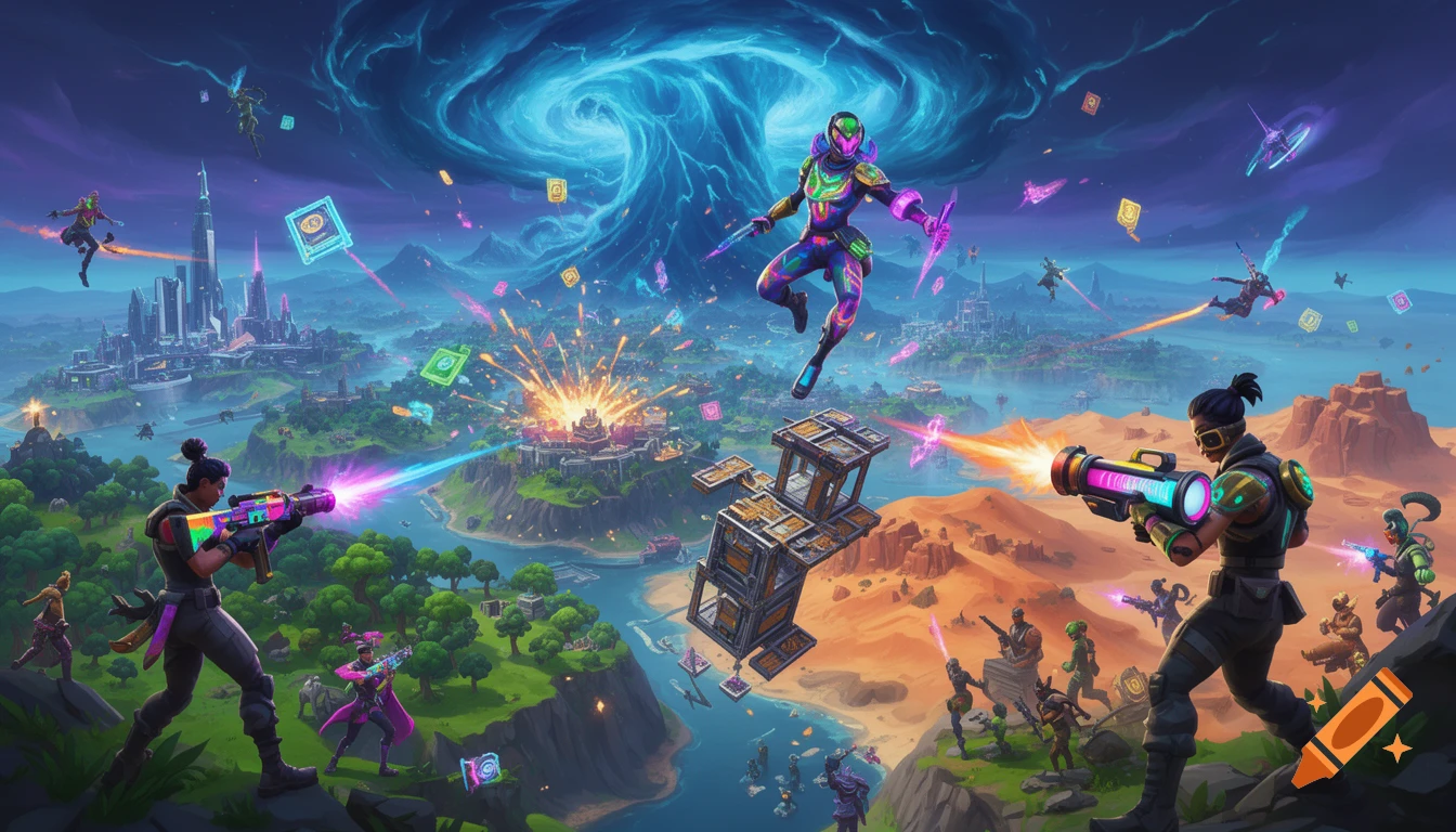 A vibrant Fortnite battle scene with characters fighting across diverse landscapes under a swirling blue vortex.